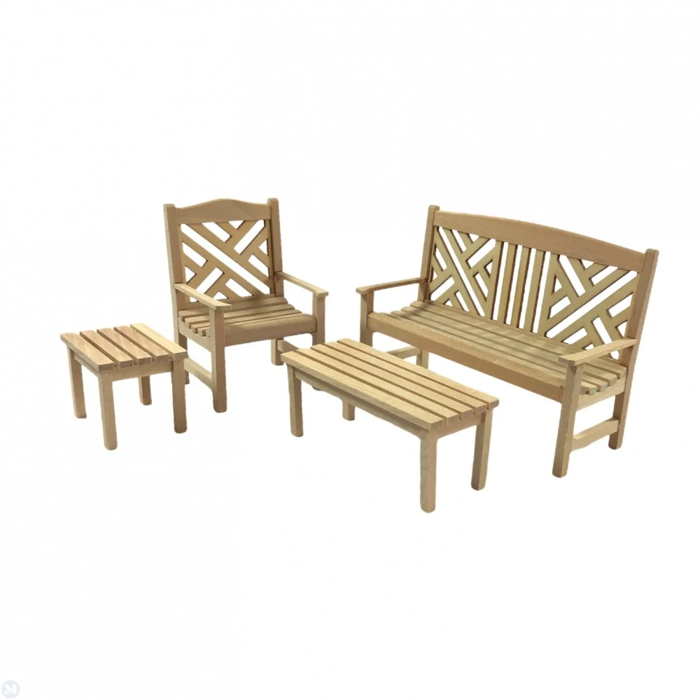 Barewood Garden Set, Dolls House Miniature, Bench, Chairs, Table, 1.12 Scale