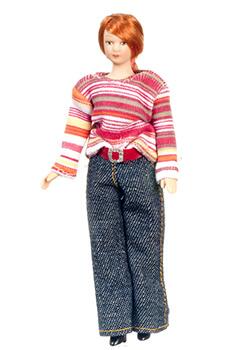 Female Doll In Jeans & Jumper, Dolls House Miniature 1.12 Scale, Lady Modern