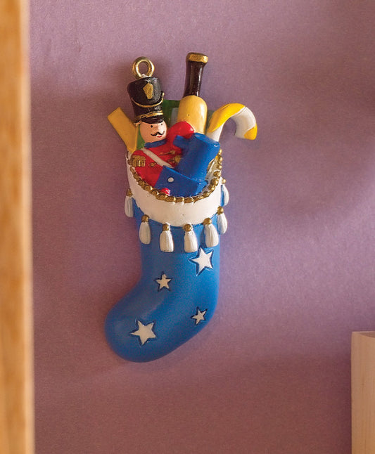 Boys Blue Filled Christmas Stocking, Dolls House Xmas Accessory, Miniature.