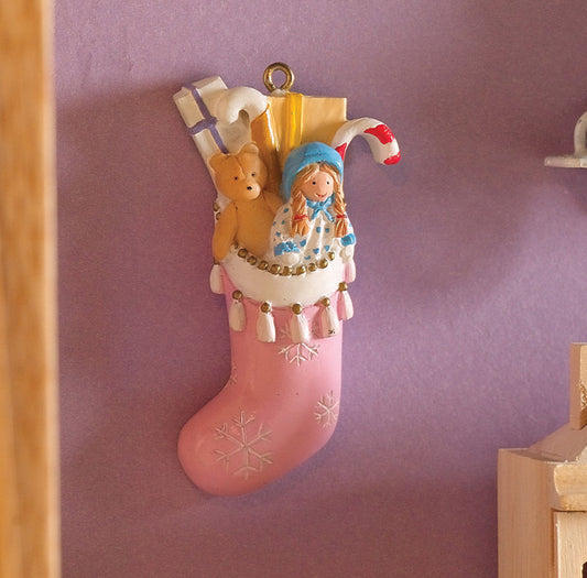 Girls Pink Filled Christmas Stocking, Dolls House Xmas Accessory, Miniature.