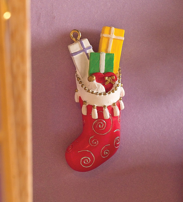 Red Filled Christmas Stocking, Dolls House Xmas Accessory, Miniature.