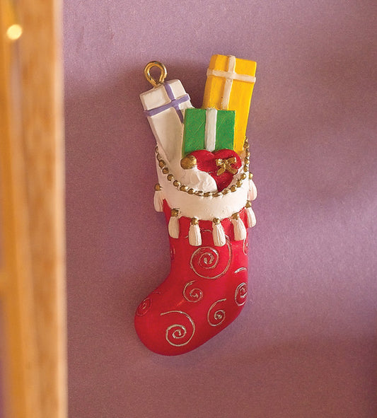 Red Filled Christmas Stocking, Dolls House Xmas Accessory, Miniature.